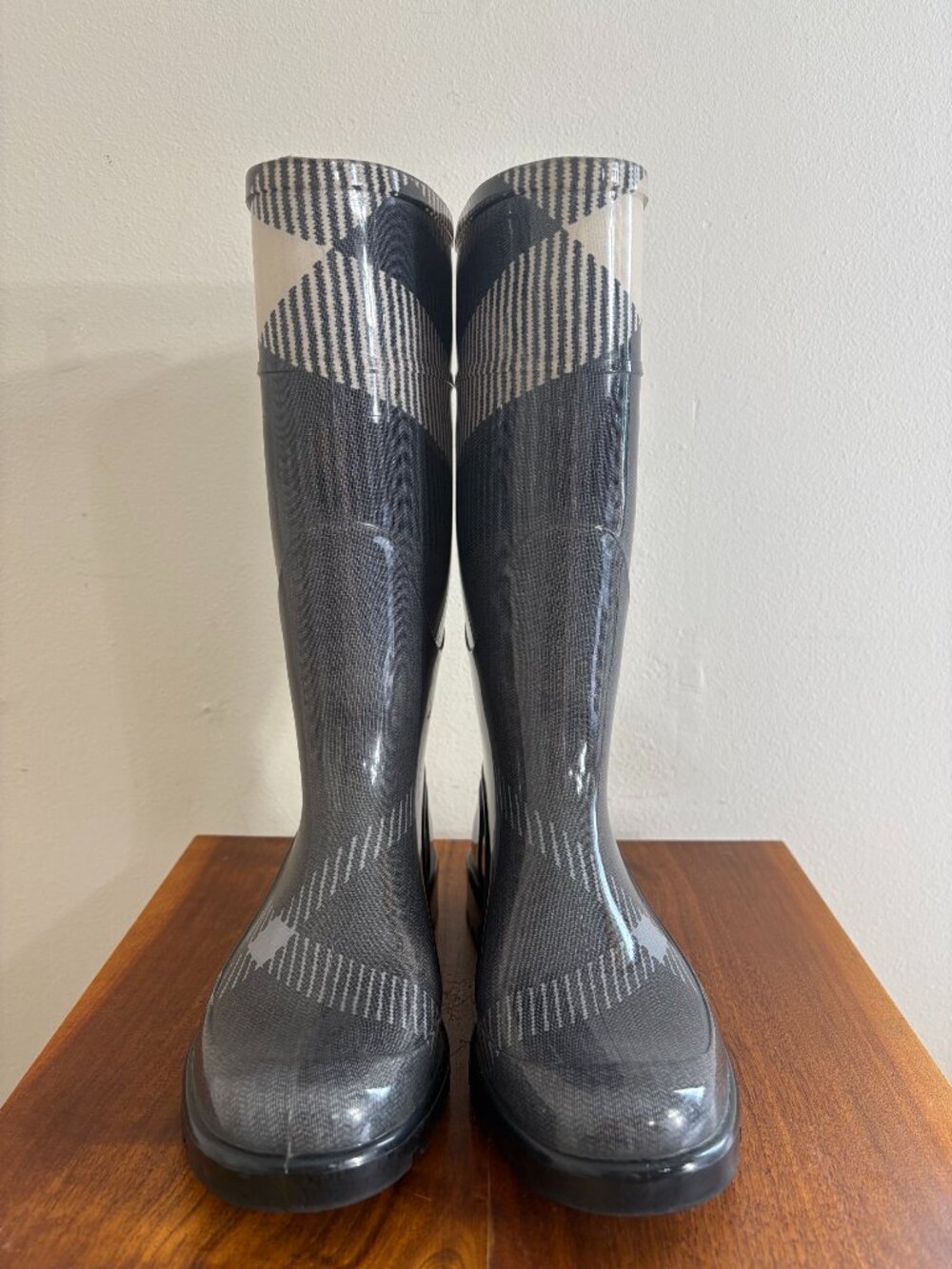 Burberry Charcoal Grey Check Wellington Rain Boots Tall